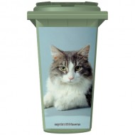 Fluffy Grey And White Cat Wheelie Bin Sticker Panel